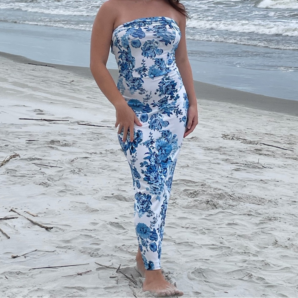 Blue Floral Strapless Maxi Dress